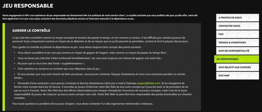 RtBet Casino jeu responsable